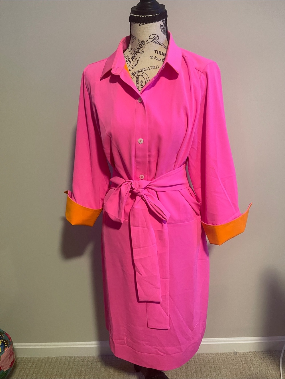 Gretchen Scott Designs Hot Pink Midi Shirt Dress with Orange Cuffs